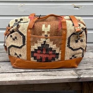 Myra Bag Southwestern Upcycled Rug Leather Weekender Duffel Bag Brown Multi NEW